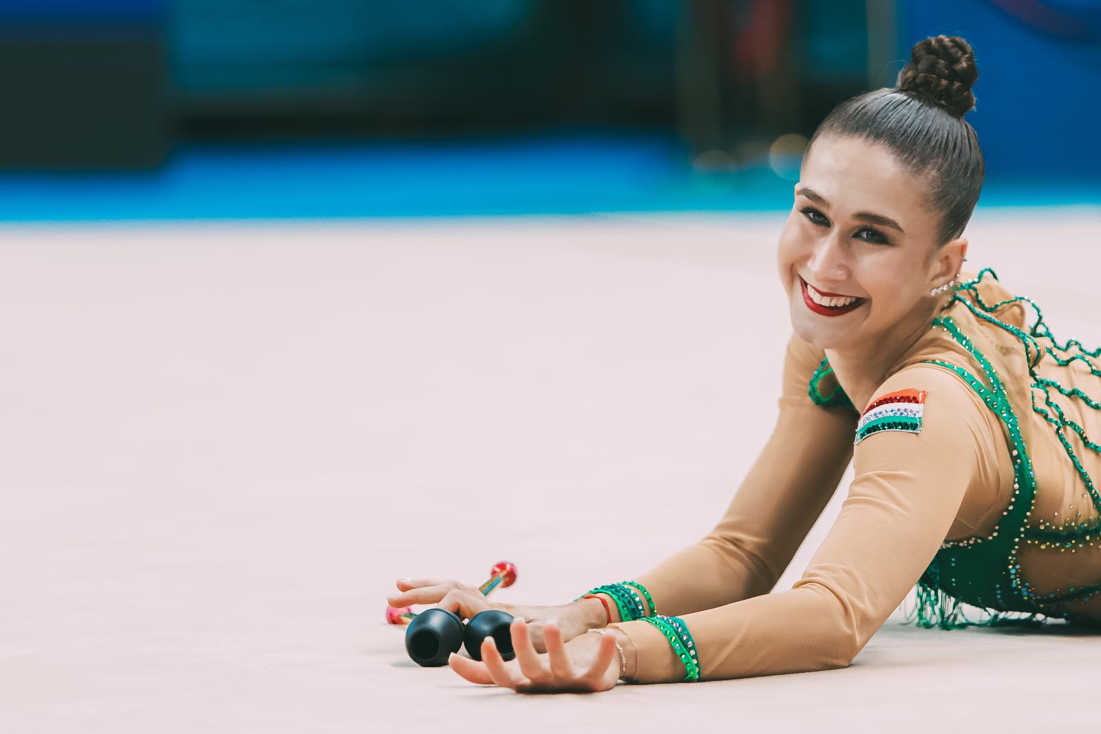 Luca Flora Lovasz performs with clubs at European Championships in Rhythmic Gymnastics 2026