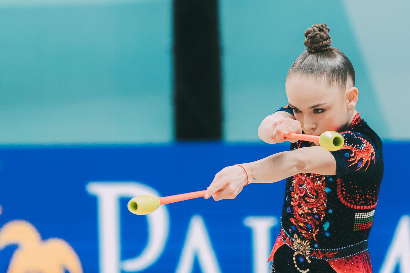 Stiliana Nikolova performs with clubs at European Championships in Rhythmic Gymnastics 2026