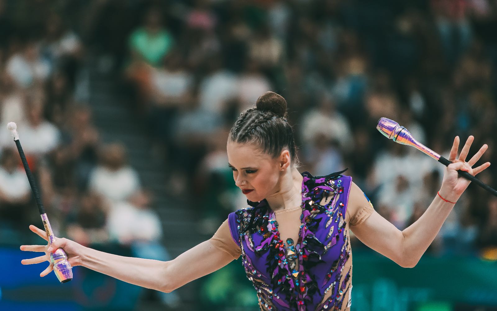 Taisiia Onofriichuk performs with clubs at European Championships in Rhythmic Gymnastics 2026