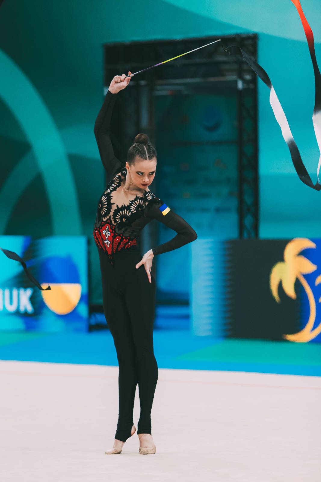 Taisiia Onofriichuk performs with ribbon at European Championships in Rhythmic Gymnastics 2026