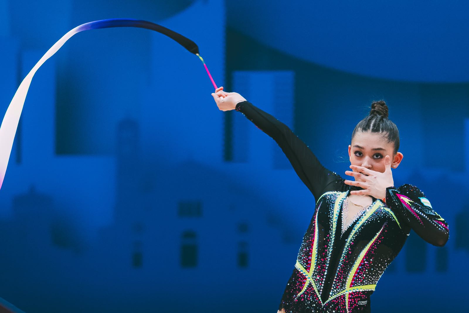 Lola Djuraeva performs with ribbon at FIG World Cup 2026 Milan