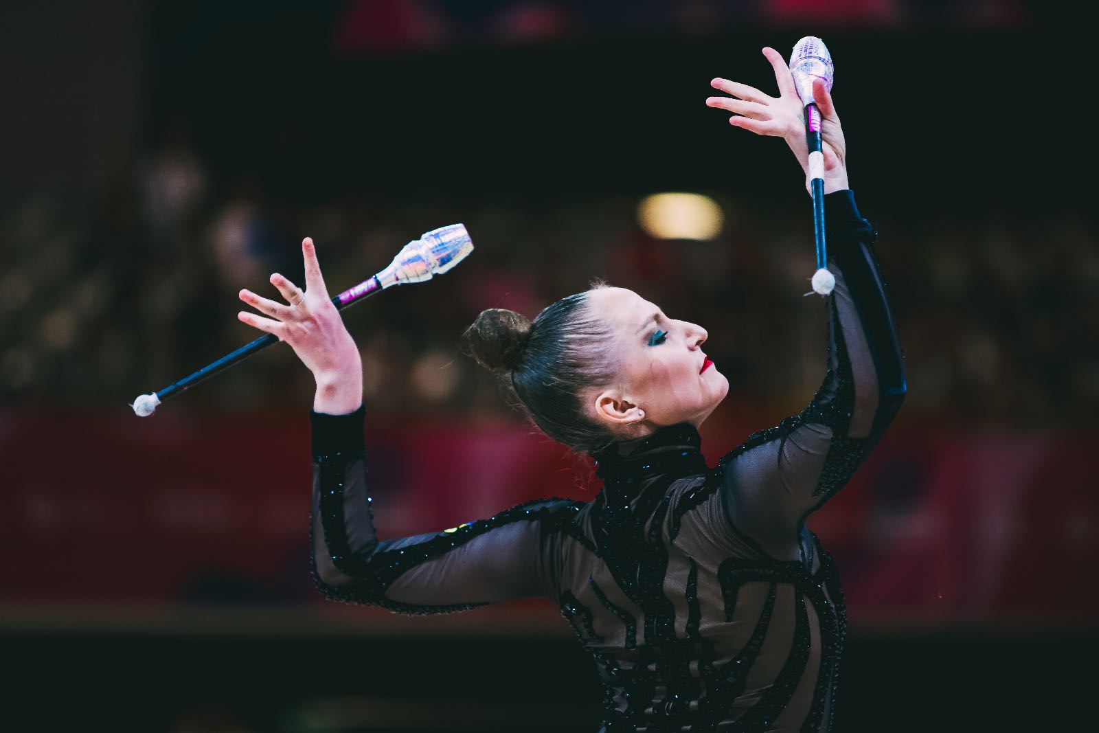 Polina Karika performs with clubs at World Championships in Rhythmic Gymnastics 2026