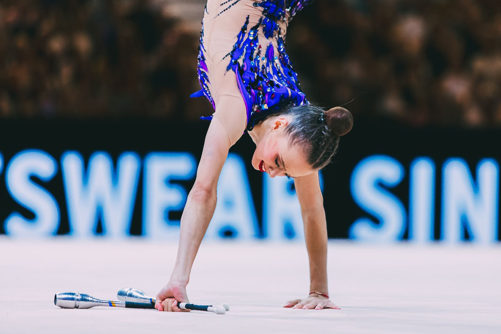 Taisiia Onofriichuk performs with clubs at World Championships in Rhythmic Gymnastics 2026