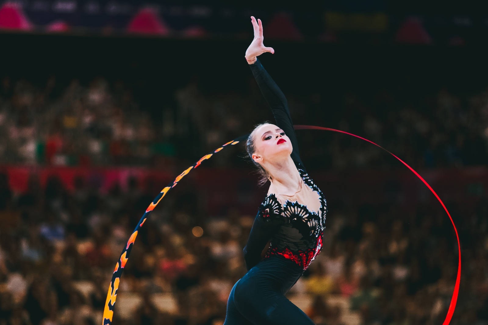 Taisiia Onofriichuk performs with ribbon at World Championships in Rhythmic Gymnastics 2026