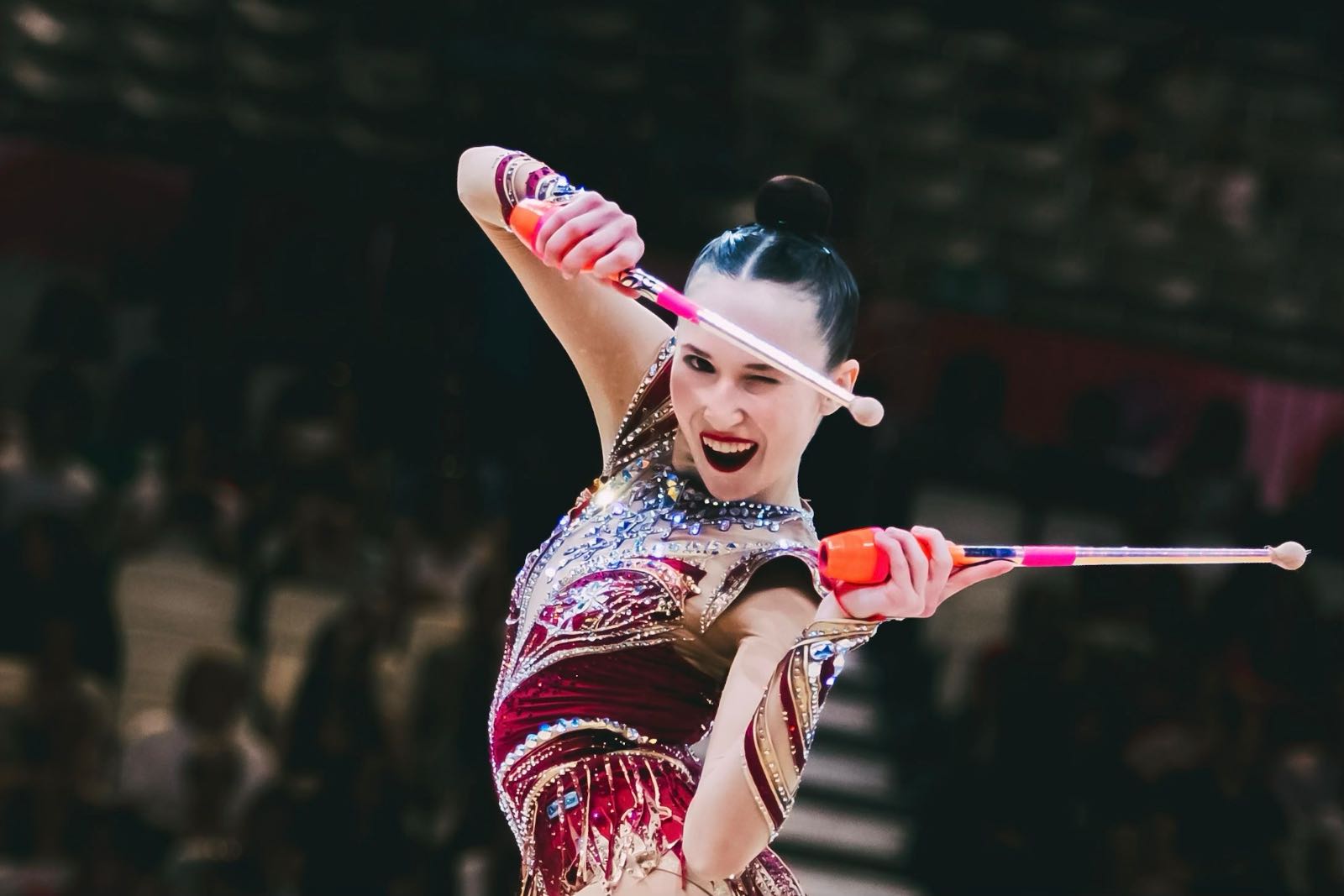 Takhmina Ikromova performs with clubs at World Championships in Rhythmic Gymnastics 2026
